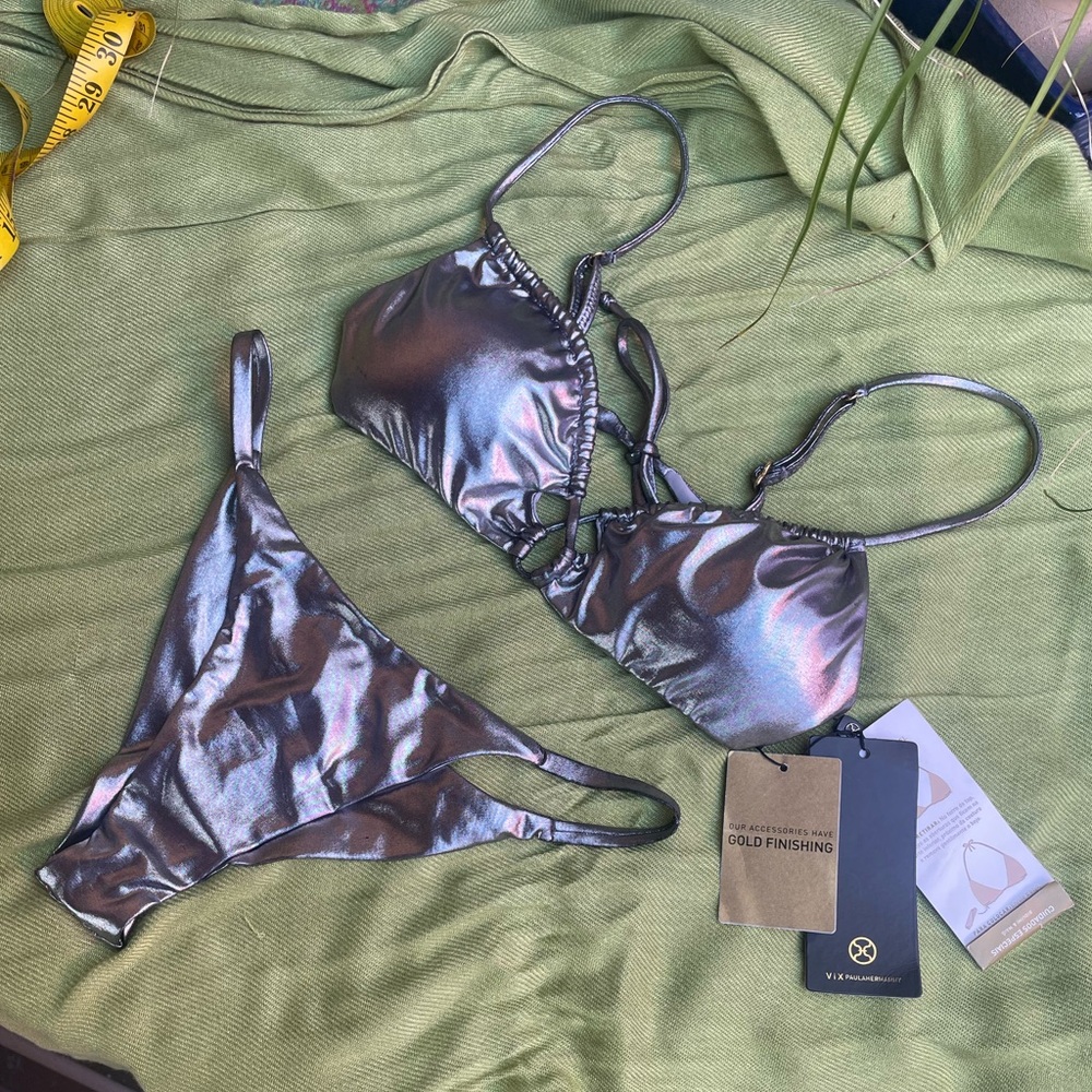 VIX by Paula Hermanny NWT Sz M Bikini Set Iridescent Metallic Silver Adjustable